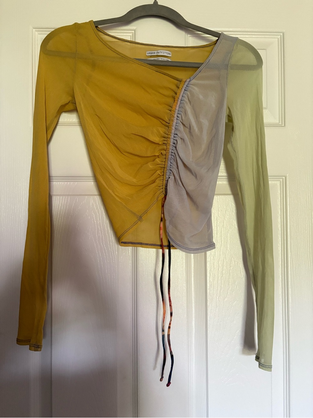 Urban Outfitters Two-Tone Ruched Mesh Crop Top - Mustard & Light Gray